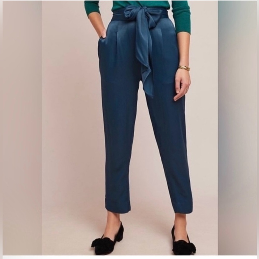 Ettitwa by Anthropologie Teal Blue Satin Trouser Pants Formal Evening Wedding
